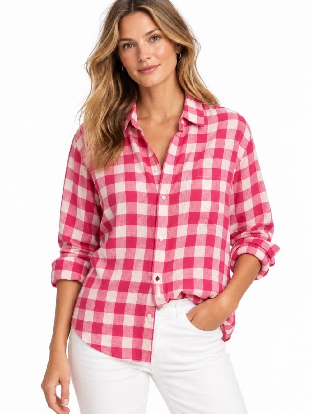 EUC Frank & Eileen Eileen 100% Linen Relaxed Button-Up Pink Check Gingham Small